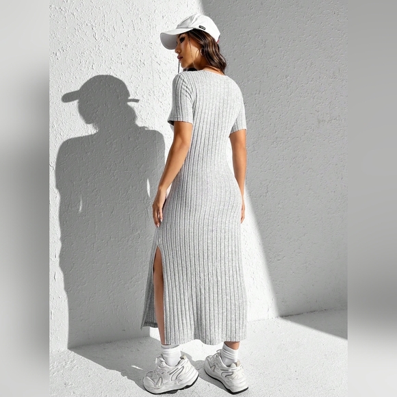 Summer Solid Split Thigh Ribbed Knit Tee Dress - Picture 3 of 4